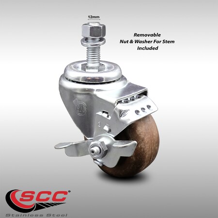 Service Caster 3 Inch SS High Temp Glass Filled Nylon 12mm Threaded Stem Caster with Brake SCC-SSTS20S314-GFNSHT-TLB-M1215